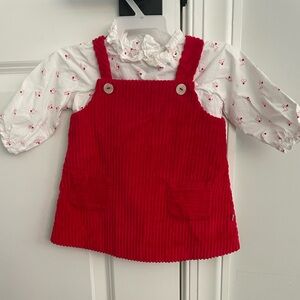 Jacadi Red Corduroy Dress with White Patterned Shirt